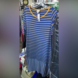 NWOT LuLaRoe Julia Dress Size 2XL Blue Mustard Stripe Bodycon